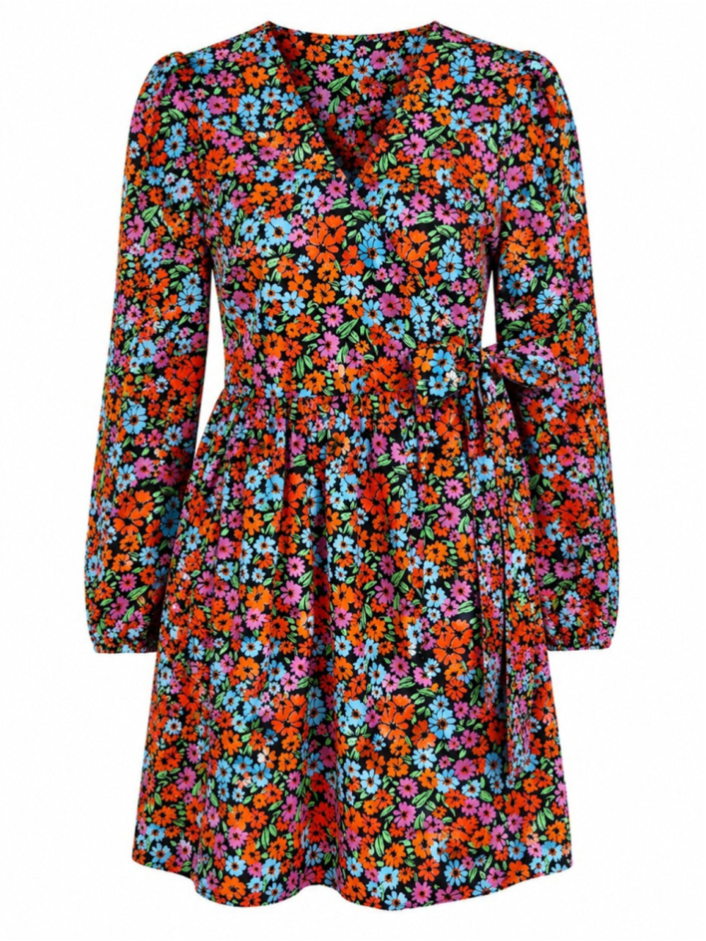 Miss Selfridge Floral Faux Wrap Dress US 6 Black Orange Blue Long Sleeve Mini